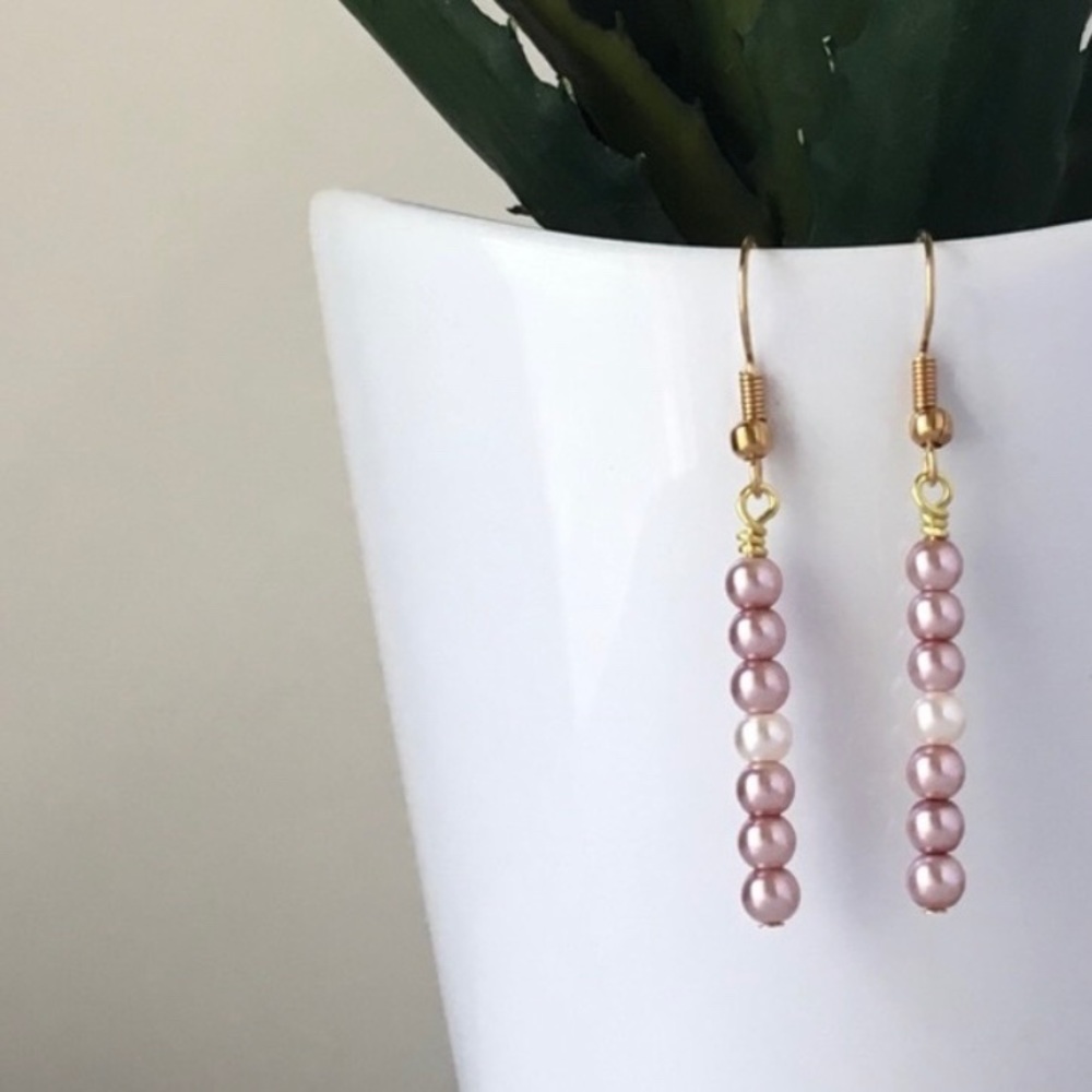 18K Gold Pink & Cream 7 Pearl Bar Earring Handmade